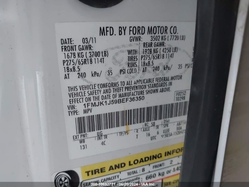 2011 Ford Expedition El Xlt/El King Ranch VIN: 1FMJK1J59BEF36350 Lot: 39692771