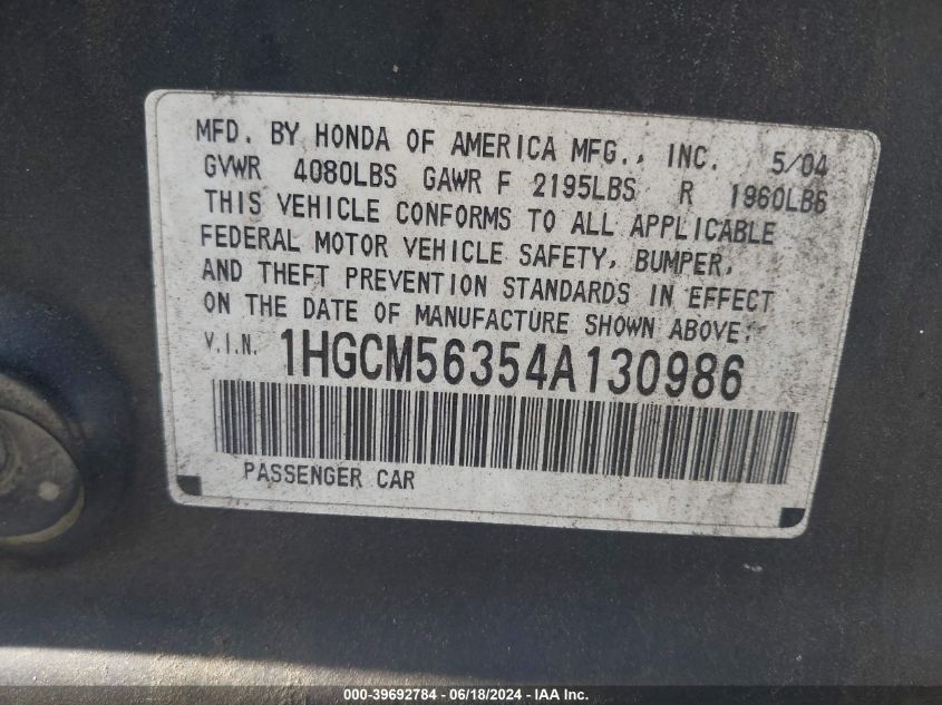2004 Honda Accord 2.4 Lx VIN: 1HGCM56354A130986 Lot: 39692784