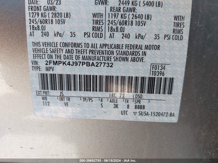 2023 Ford Edge Sel VIN: 2FMPK4J97PBA27732 Lot: 39692785