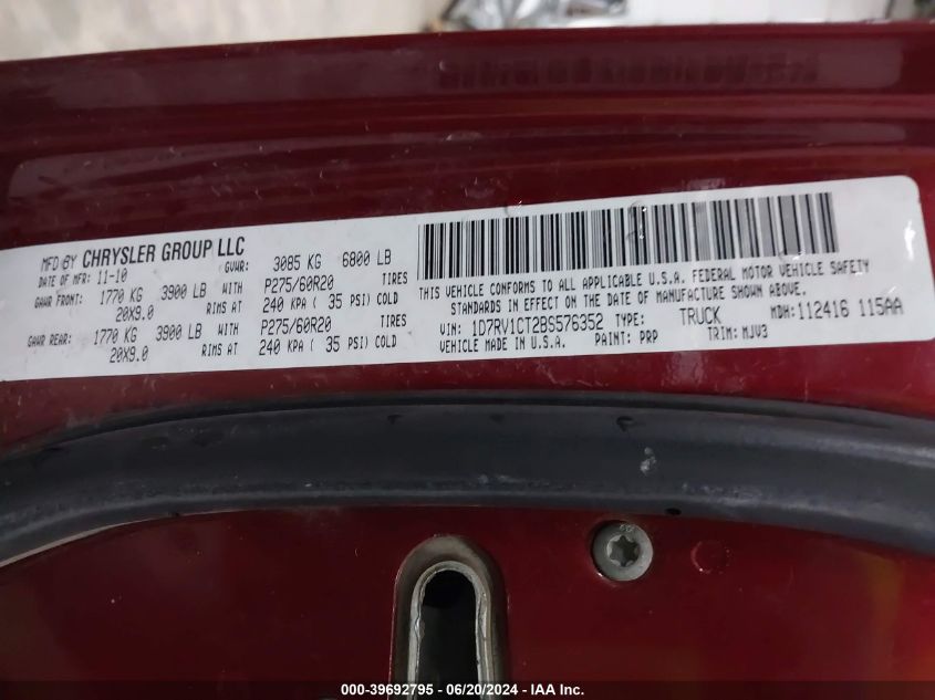 2011 Ram Ram 1500 Slt VIN: 1D7RV1CT2BS576352 Lot: 39692795