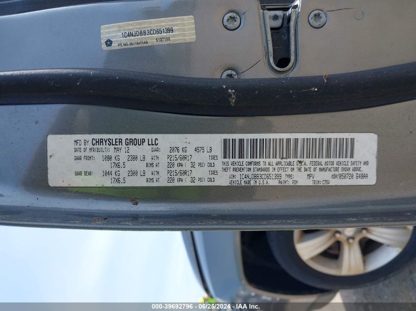 2012 Jeep Compass Sport VIN: 1C4NJDBB3CD651399 Lot: 39692796