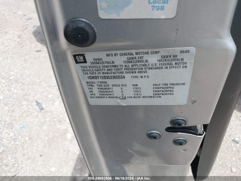 2005 Chevrolet Trailblazer Lt VIN: 1GNDT13S952365534 Lot: 39692806