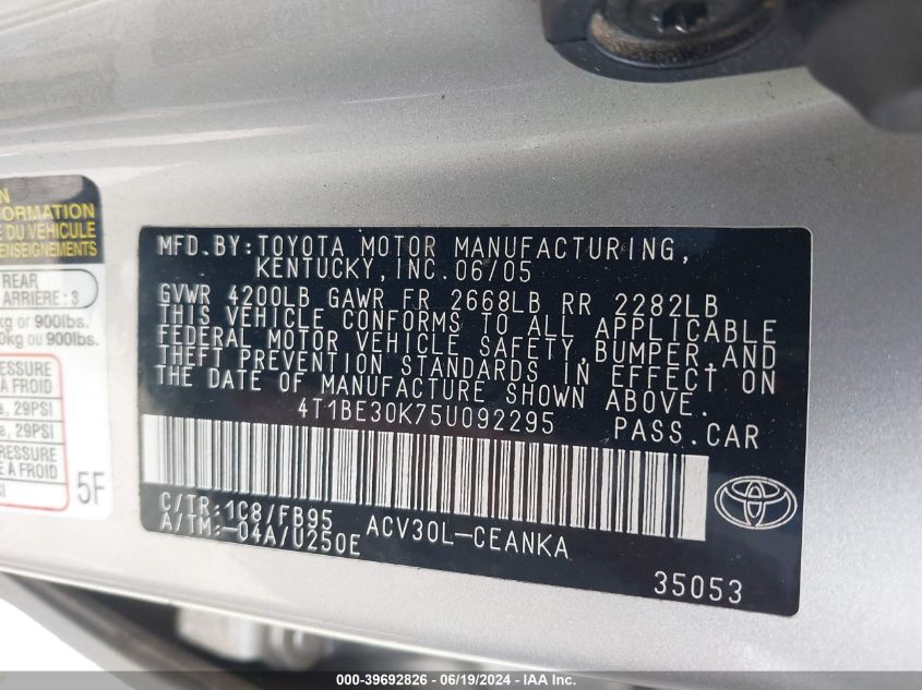 2005 Toyota Camry Le VIN: 4T1BE30K75U092295 Lot: 39692826
