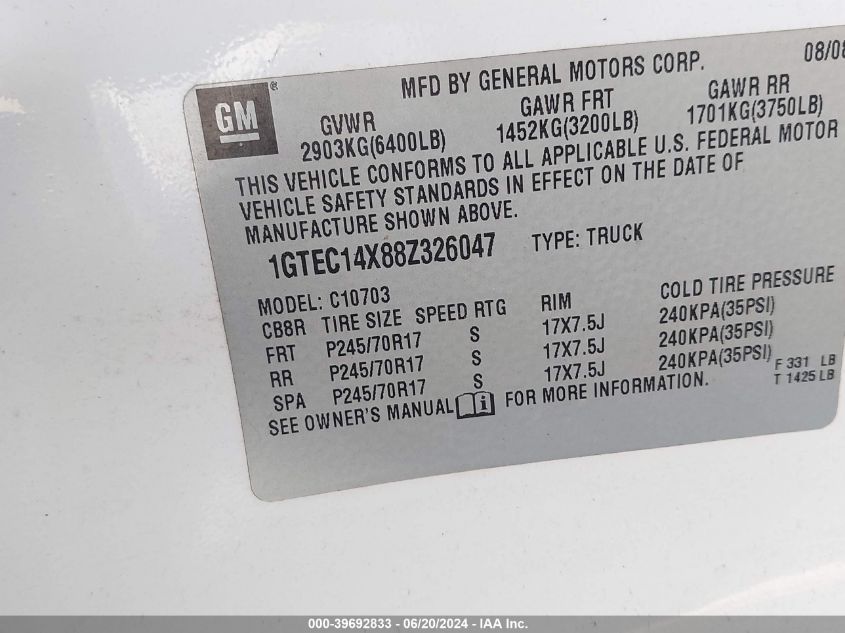 2008 GMC Sierra 1500 C1500 VIN: 1GTEC14X88Z326047 Lot: 39692833