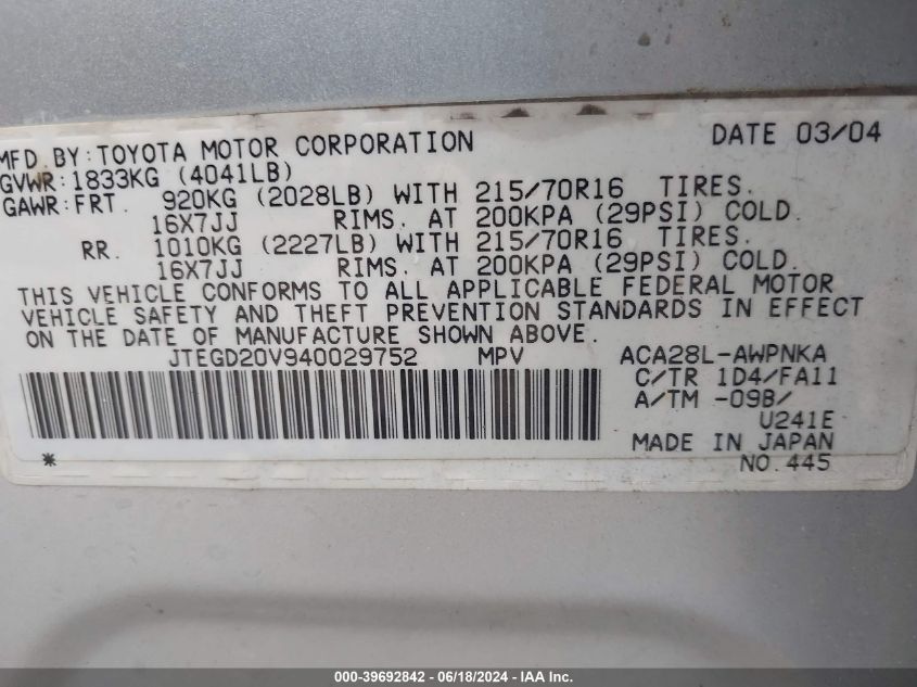 2004 Toyota Rav4 VIN: JTEGD20V940029752 Lot: 39692842