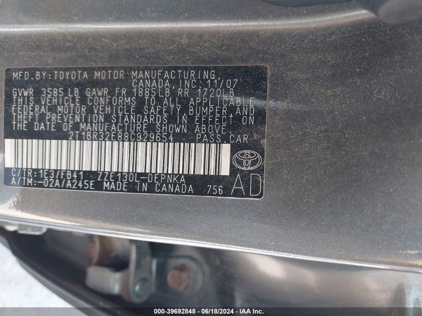 2008 Toyota Corolla Le VIN: 2T1BR32E88C929654 Lot: 39692848