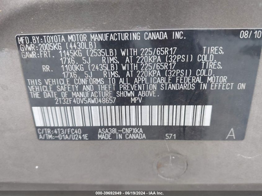 2010 Toyota Rav4 VIN: 2T3ZF4DV5AW048657 Lot: 39692849