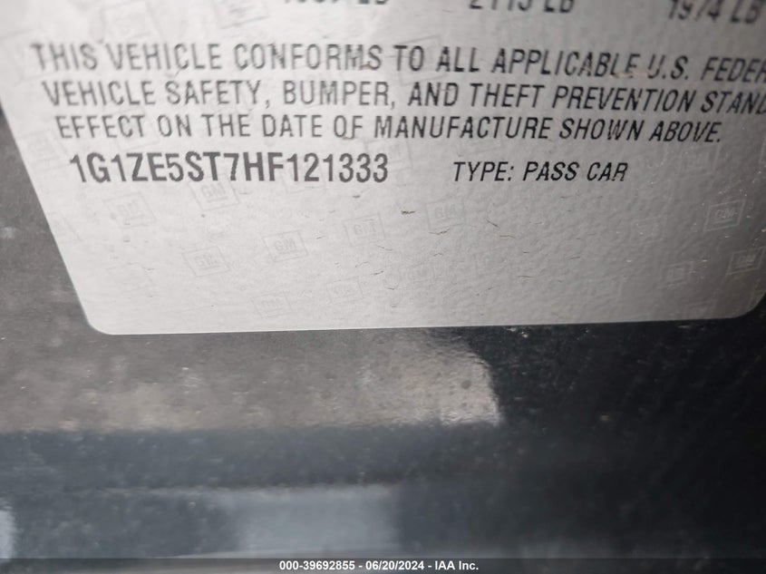 2017 Chevrolet Malibu Lt VIN: 1G1ZE5ST7HF121333 Lot: 39692855