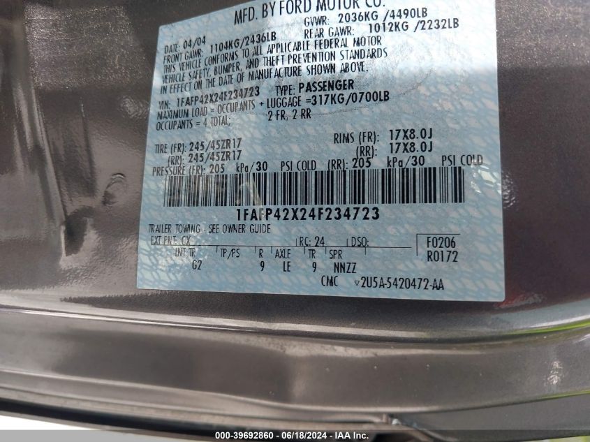 2004 Ford Mustang Gt VIN: 1FAFP42X24F234723 Lot: 39692860