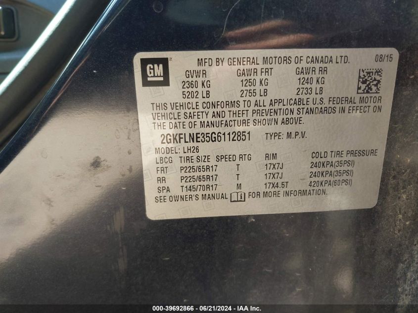 2016 GMC Terrain Sle VIN: 2GKFLNE35G6112851 Lot: 39692866