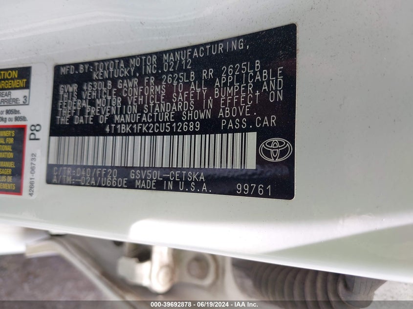 2012 Toyota Camry Se V6 VIN: 4T1BK1FK2CU512689 Lot: 39692878