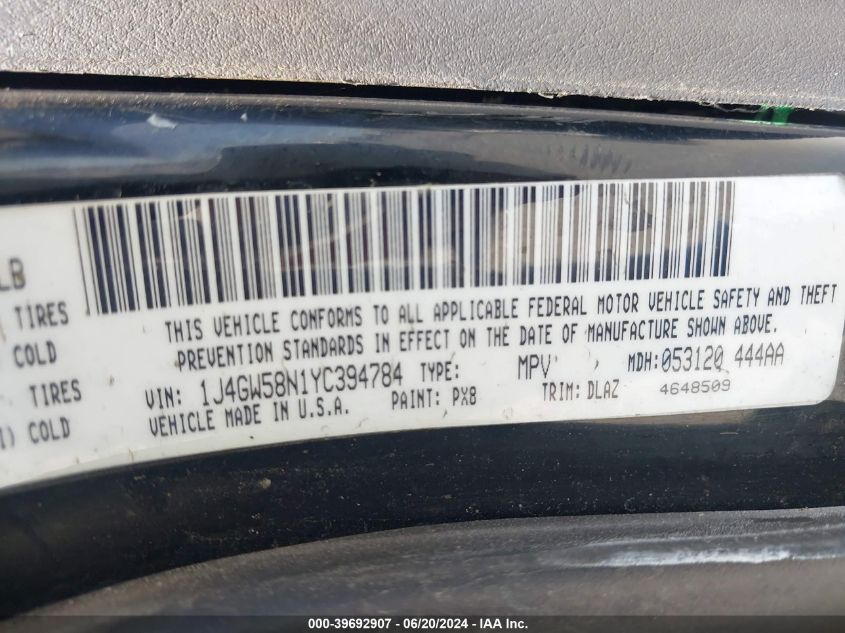 2000 Jeep Grand Cherokee Limited VIN: 1J4GW58N1YC394784 Lot: 39692907