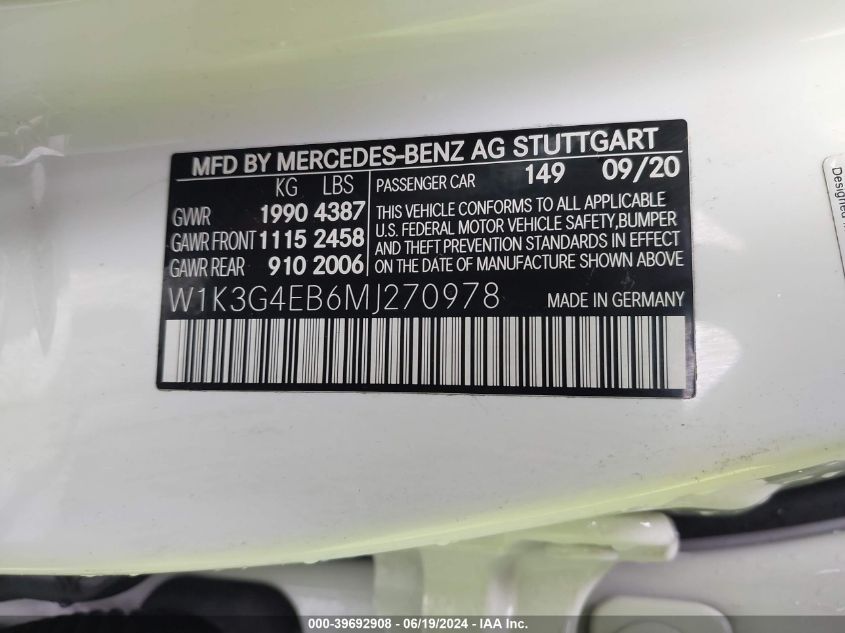 2021 Mercedes-Benz A 220 VIN: W1K3G4EB6MJ270978 Lot: 39692908