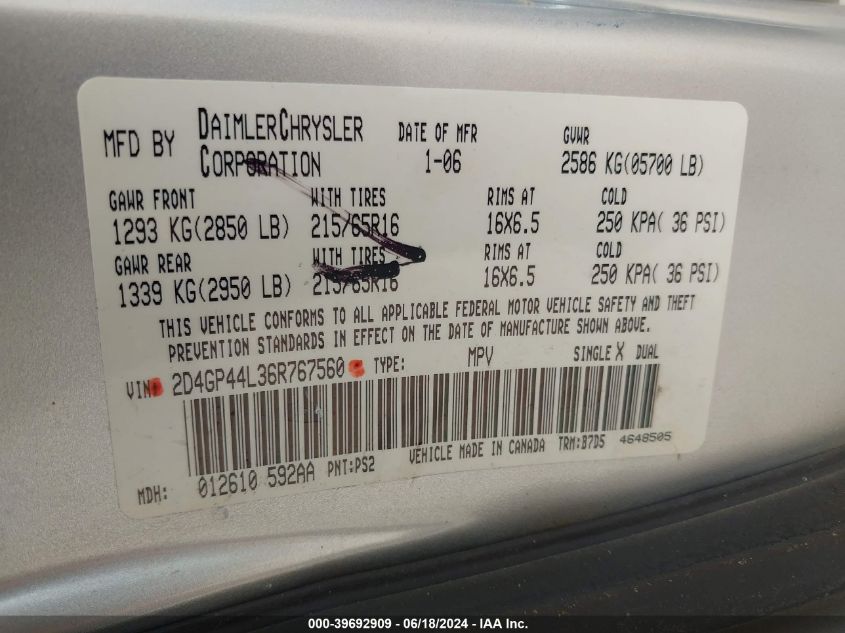 2006 Dodge Grand Caravan Sxt VIN: 2D4GP44L36R767560 Lot: 39692909