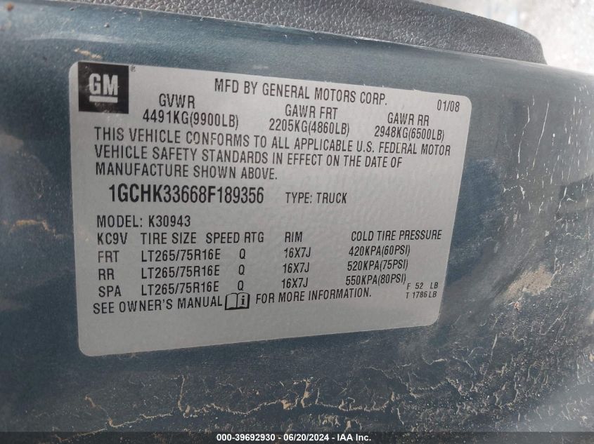2008 Chevrolet Silverado K3500 VIN: 1GCHK33668F189356 Lot: 39692930