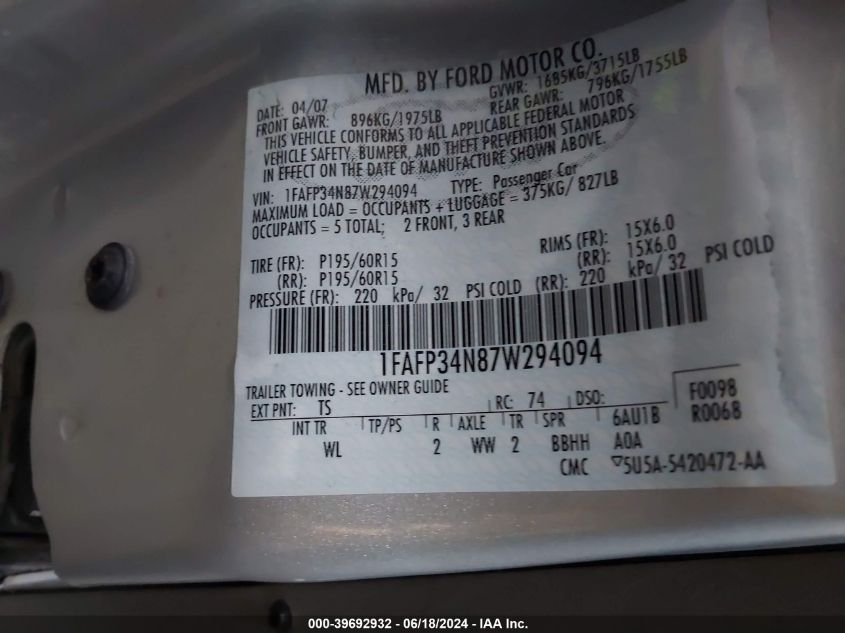 2007 Ford Focus S/Se/Ses VIN: 1FAFP34N87W294094 Lot: 39692932