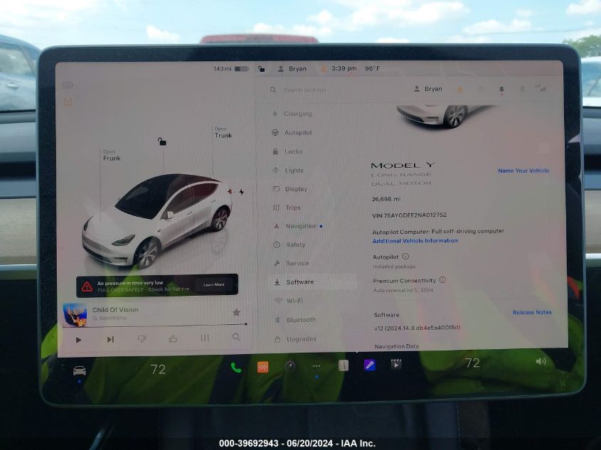 2022 Tesla Model Y VIN: 7SAYGDEE2NA012752 Lot: 39692943