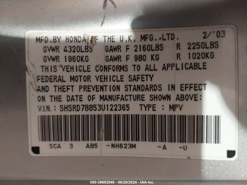 2003 Honda Cr-V Ex VIN: SHSRD78853U122365 Lot: 39692946