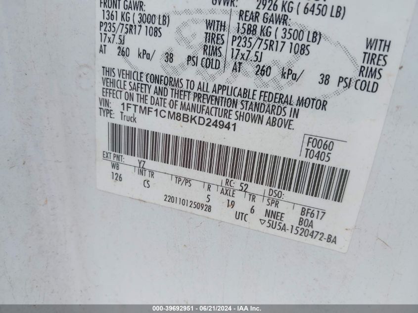 2011 Ford F-150 VIN: 1FTMF1CM8BKD24941 Lot: 39692951