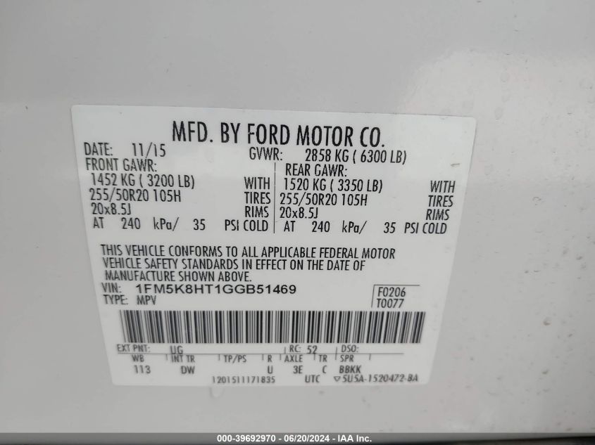 2016 Ford Explorer Platinum VIN: 1FM5K8HT1GGB51469 Lot: 39692970