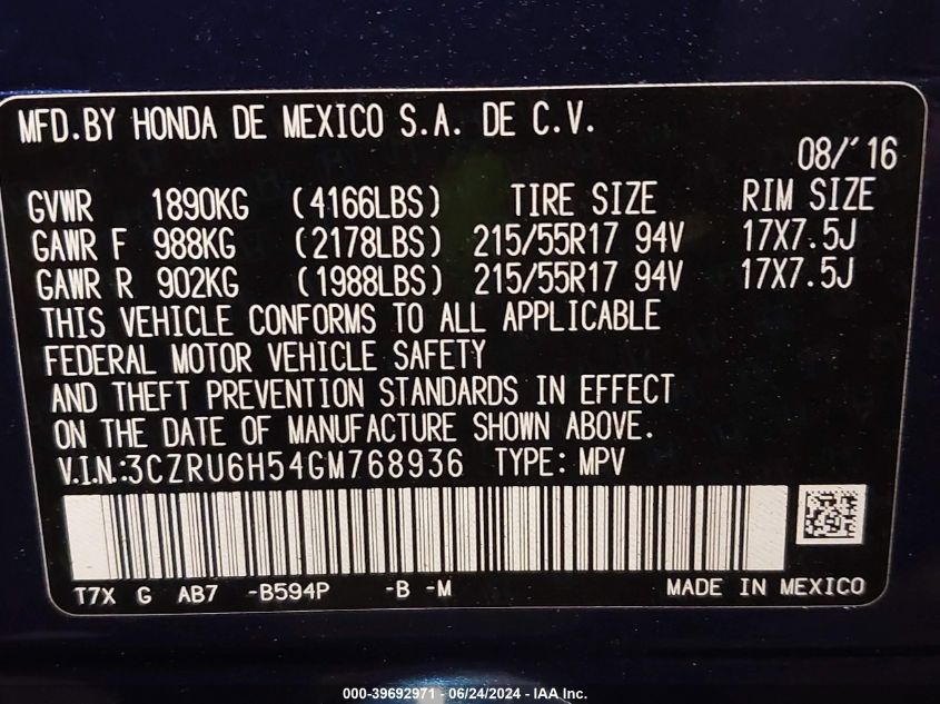 2016 Honda Hr-V Ex VIN: 3CZRU6H54GM768936 Lot: 39692971