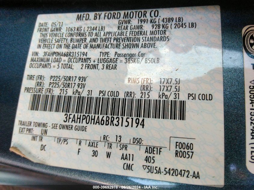 2011 Ford Fusion Se VIN: 3FAHP0HA6BR315194 Lot: 39692978