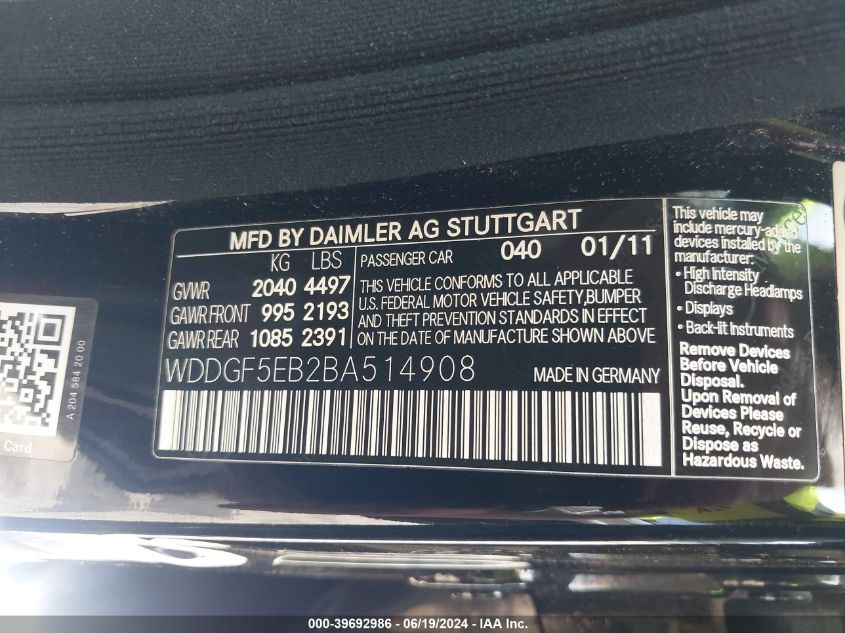 2011 Mercedes-Benz C 300 Luxury/Sport VIN: WDDGF5EB2BA514908 Lot: 39692986