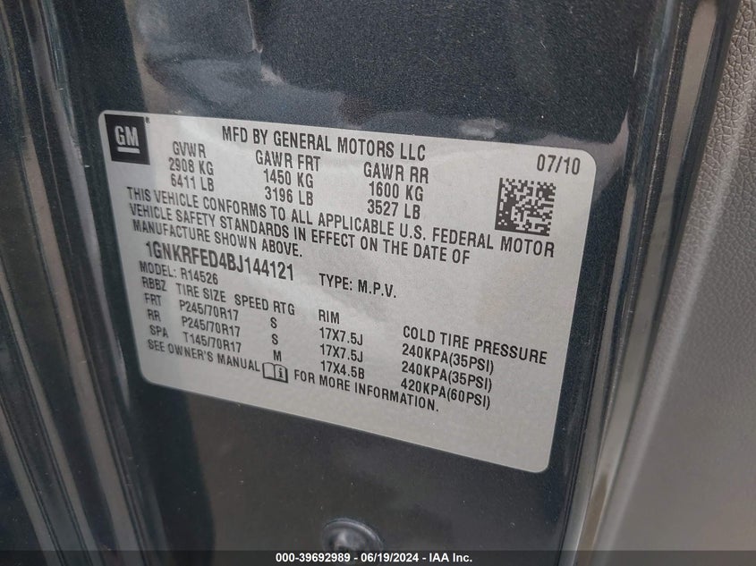 2011 Chevrolet Traverse Ls VIN: 1GNKRFED4BJ144121 Lot: 39692989