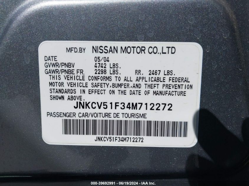 2004 Infiniti G35X VIN: JNKCV51F34M712272 Lot: 39692991