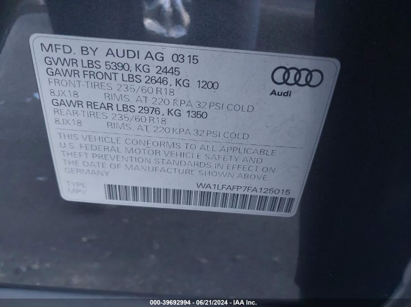 2015 Audi Q5 2.0T Premium VIN: WA1LFAFP7FA125015 Lot: 39692994