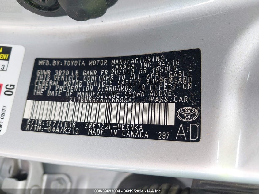 2016 TOYOTA COROLLA LE - 2T1BURHE6GC669942