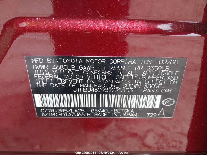 JTHBJ46G982225453 2008 Lexus Es 350 350