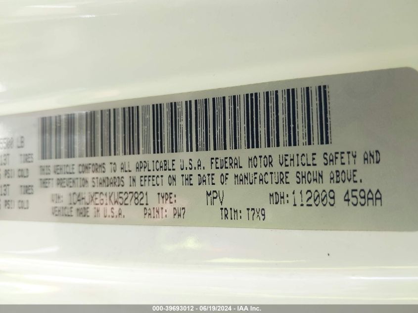 2019 Jeep Wrangler Unlimited Sahara 4X4 VIN: 1C4HJXEG1KW527821 Lot: 39693012