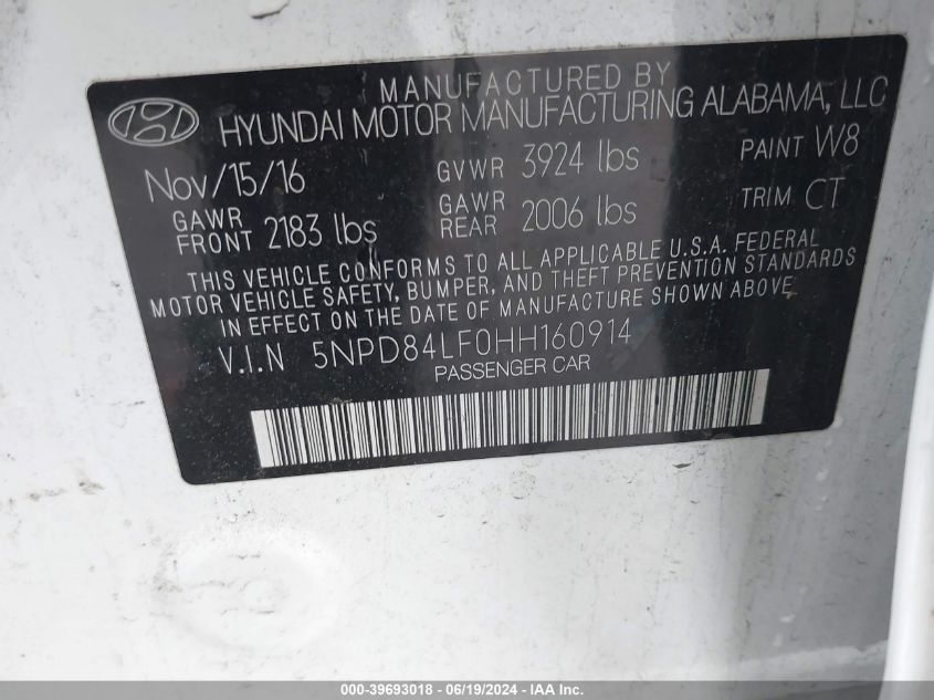 5NPD84LF0HH160914 2017 Hyundai Elantra Value Edition