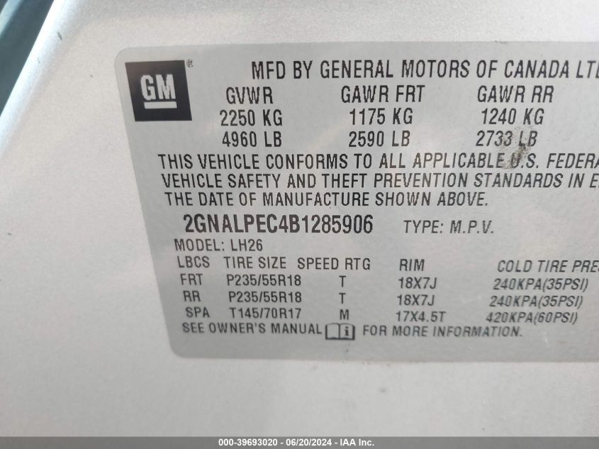 2011 Chevrolet Equinox 2Lt VIN: 2GNALPEC4B1285906 Lot: 39693020