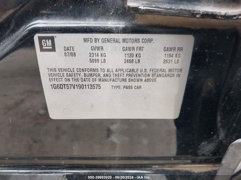 2009 Cadillac Cts Standard VIN: 1G6DT57V190113575 Lot: 39693028