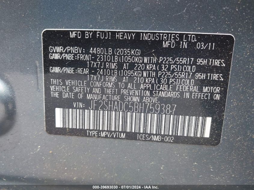 2011 Subaru Forester 2.5X Premium VIN: JF2SHADC5BH759387 Lot: 39693030