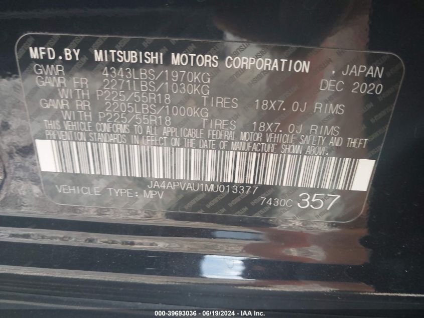 2021 Mitsubishi Outlander Sport 2.0 Se 2Wd VIN: JA4APVAU1MU013377 Lot: 39693036