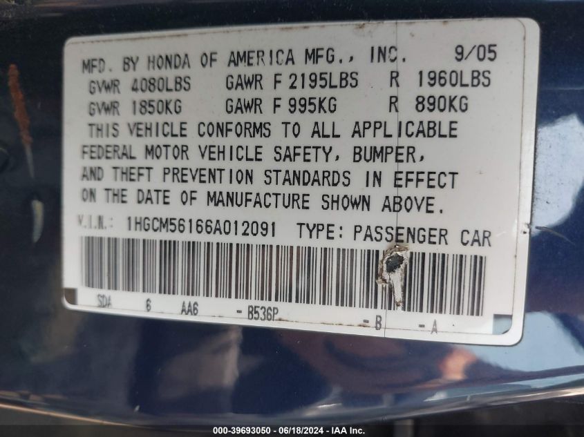 2006 Honda Accord 2.4 Vp VIN: 1HGCM56166A012091 Lot: 39693050
