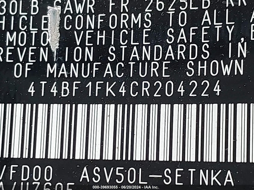 2012 Toyota Camry Se/Le/Xle VIN: 4T4BF1FK4CR204224 Lot: 39693055