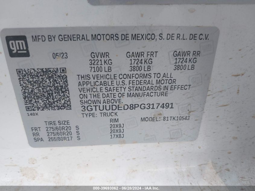 2023 GMC Sierra 1500 Slt VIN: 3GTUUDED8PG317491 Lot: 39693062