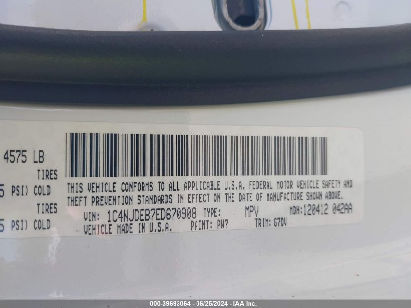 2014 Jeep Compass Latitude VIN: 1C4NJDEB7ED670908 Lot: 39693064