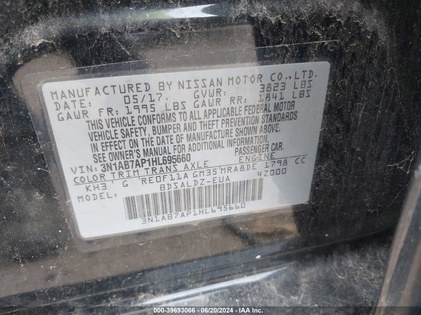 2017 Nissan Sentra Sv VIN: 3N1AB7AP1HL695660 Lot: 39693066
