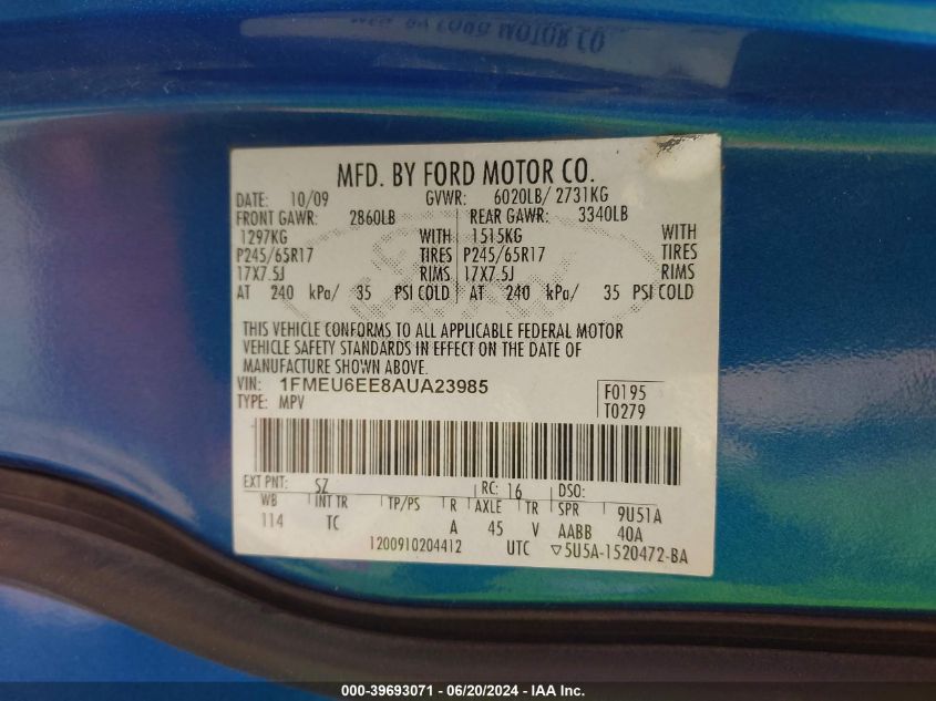 2010 Ford Explorer Eddie Bauer VIN: 1FMEU6EE8AUA23985 Lot: 39693071