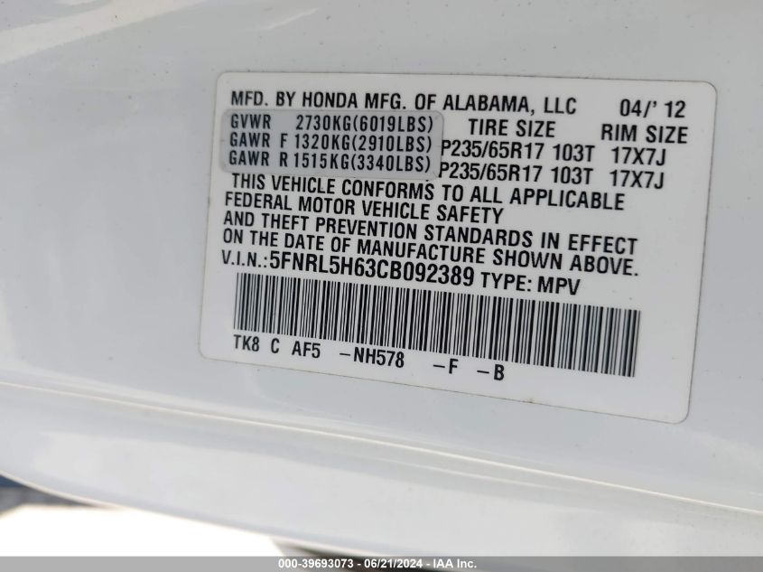 2012 Honda Odyssey Ex-L VIN: 5FNRL5H63CB092389 Lot: 39693073