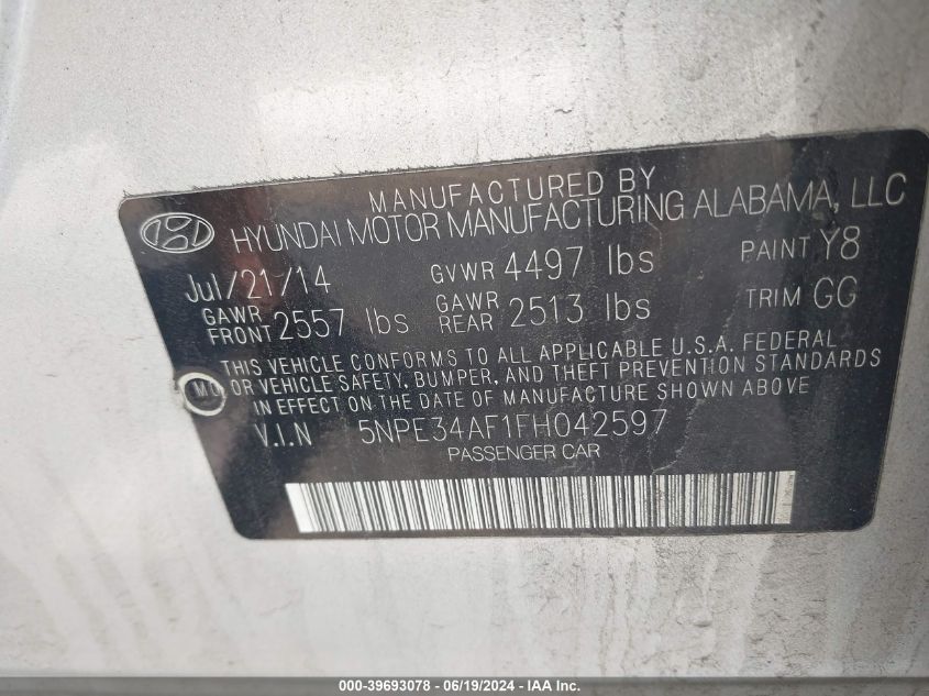 2015 Hyundai Sonata Limited VIN: 5NPE34AF1FH042597 Lot: 39693078