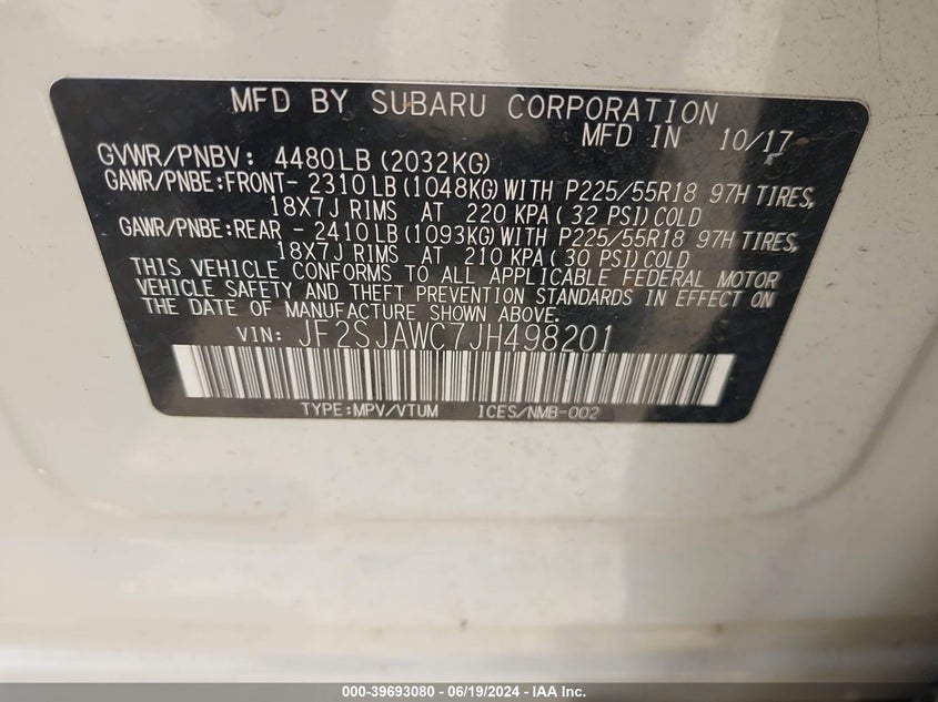 2018 Subaru Forester 2.5I Touring VIN: JF2SJAWC7JH498201 Lot: 39693080