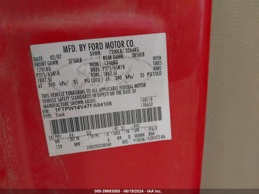 2007 Ford F-150 Fx4/Lariat/Xlt VIN: 1FTPW14V47FA94108 Lot: 39693085