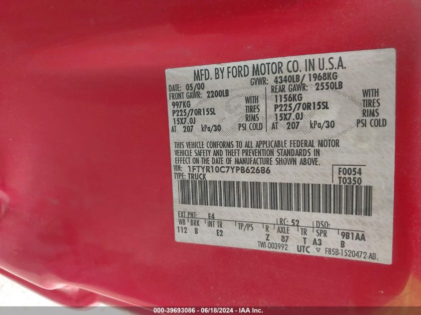 2000 Ford Ranger Xl/Xlt VIN: 1FTYR10C7YPB62686 Lot: 39693086