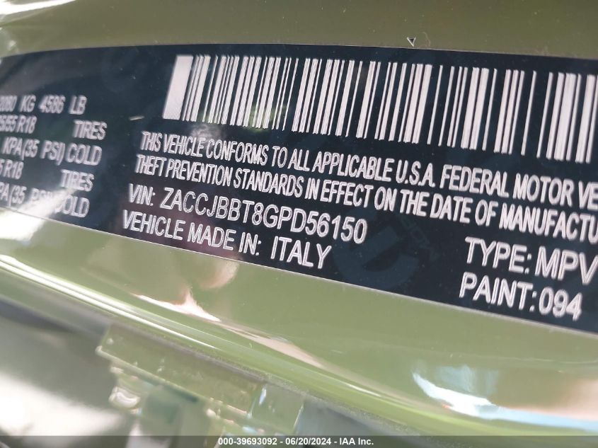 2016 Jeep Renegade Latitude VIN: ZACCJBBT8GPD56150 Lot: 39693092